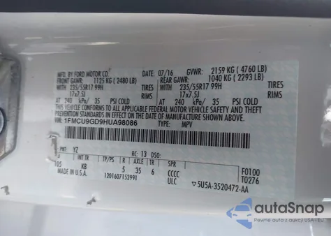 2017 Ford Escape Se z USA, uszkodzony, nr VIN 1FMCU9GD9HUA98086